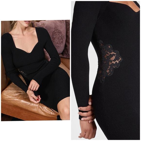 NEW EXPRESS S BLACK PUFF SHOULDER LACE PIECED BODY CONTOUR SWEATER DRESS - Picture 9 of 11